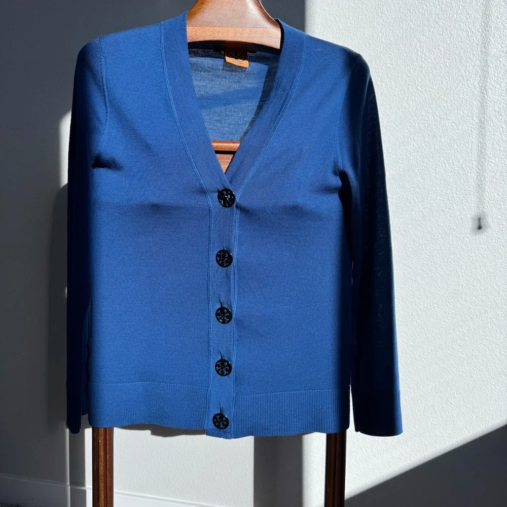 Tory Burch 100% Merino Wool Logo Button V-Neck Cardigan Sweater Blue M